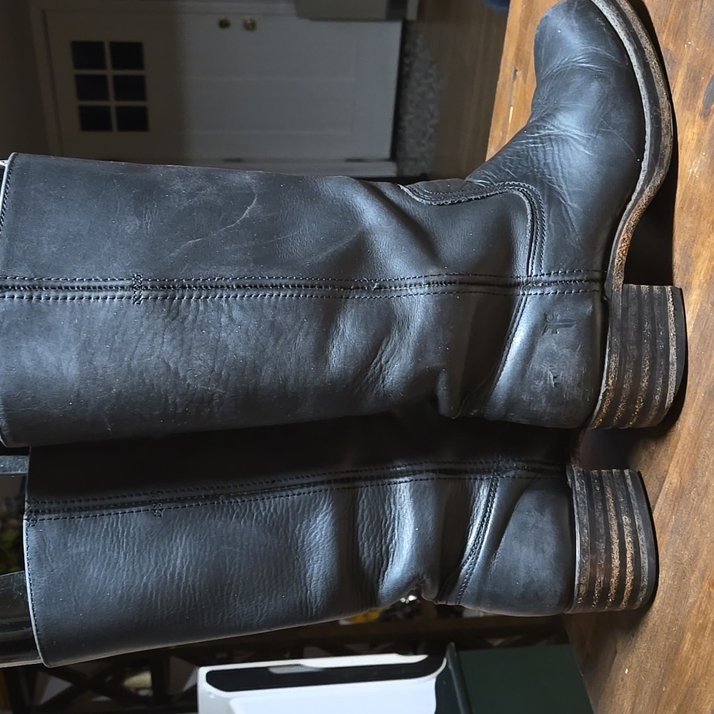 Frye Y2K Black Saddle Leather Campus Boots Womens Size 8.5 Made USA Retro Moto - Picture 7 of 14